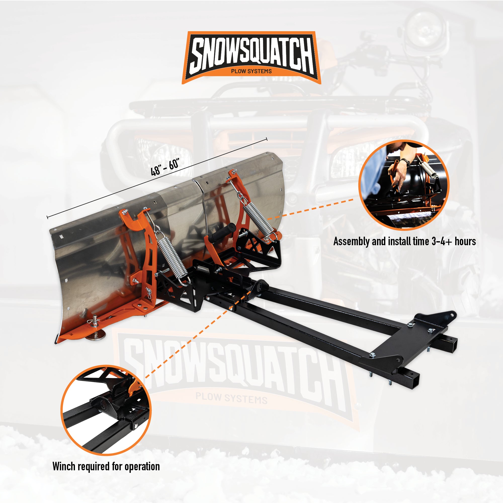 SNOWSQUATCH Aluminum ATV Snow Plow System 48-60 Inch Adjustable